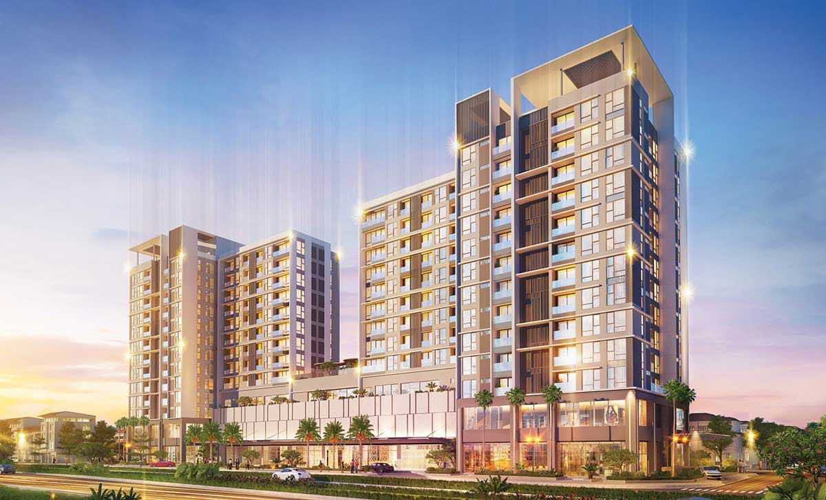 Phối cảnh tòa tháp căn hộ Urban Green Thủ Đức nhìn từ góc đường