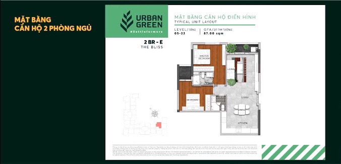 Mặt bằng căn hộ 2 phòng ngủ loại 2 PN-A dự án Urban Green