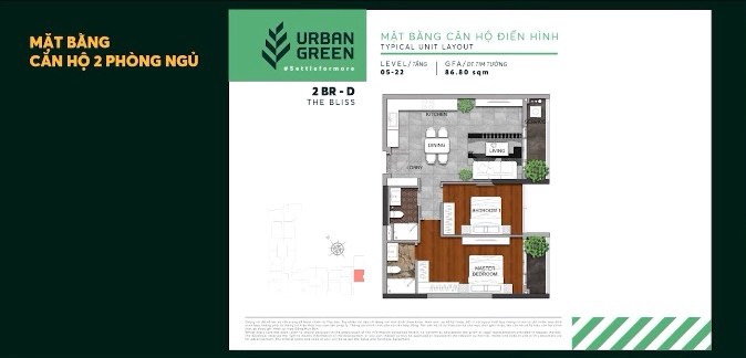 Mặt bằng căn hộ 2 phòng ngủ loại 2 PN-B dự án Urban Green