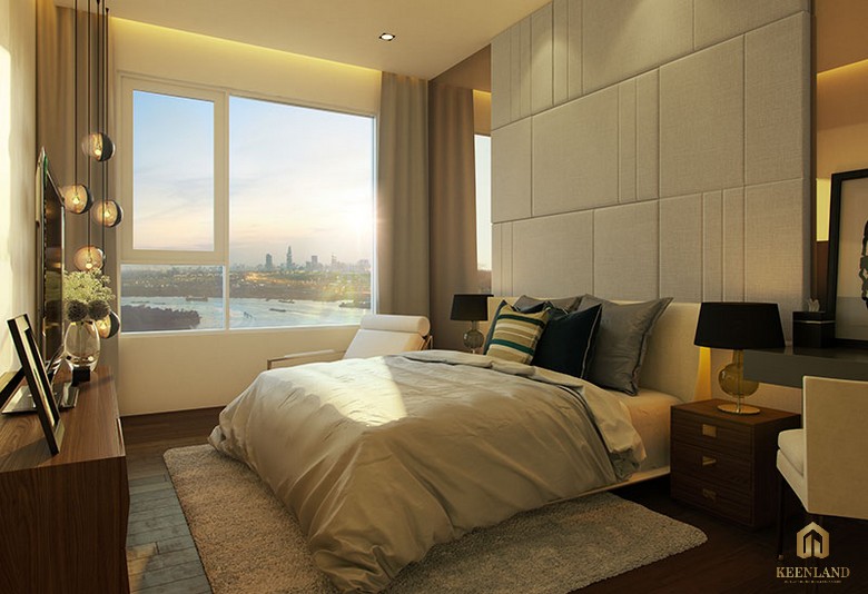 Phòng ngủ căn hộ mẫu Urban Green với cửa kính lớn nhìn ra thành phố