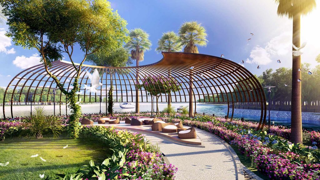 Khu vườn cảnh quan với nhà vòm kính và lối dạo bộ trong dự án Urban Green